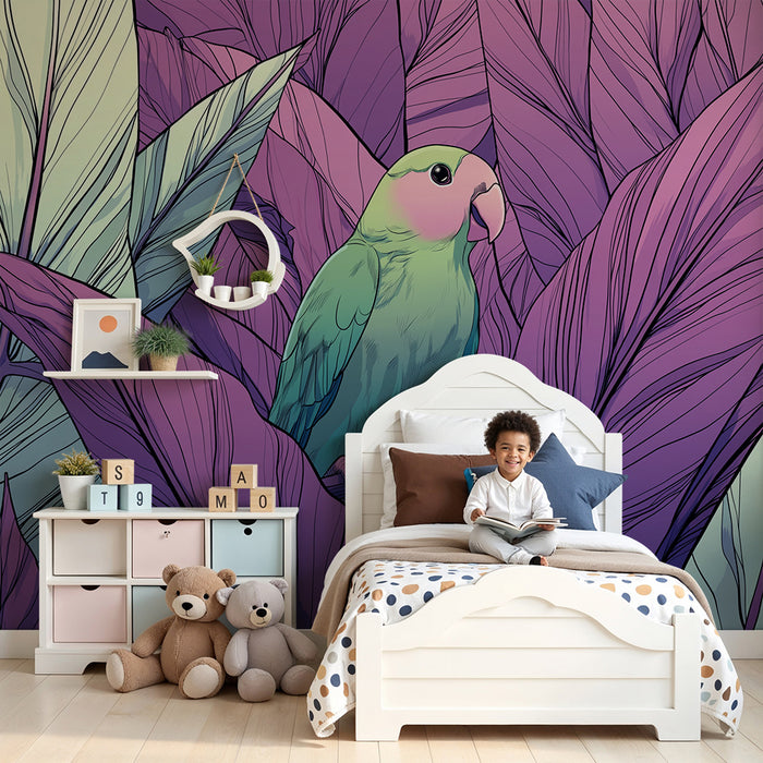 Papel de parede criança | Pasăre colorată printre frunze tropicale