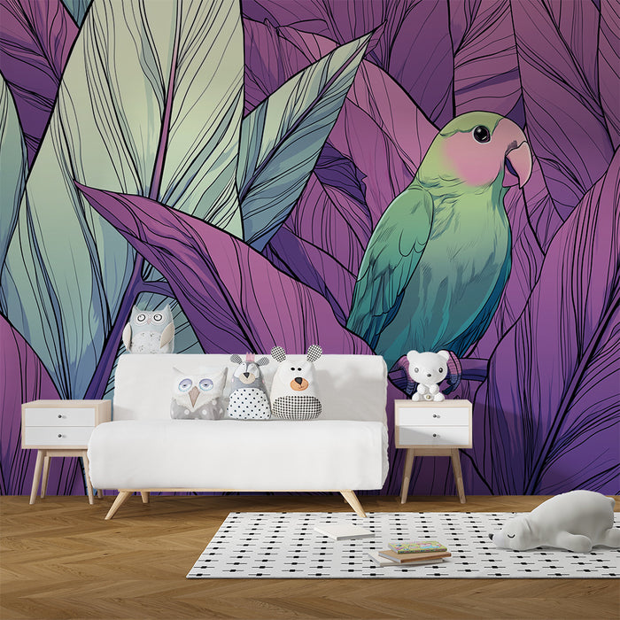 Papel de parede criança | Pasăre colorată printre frunze tropicale