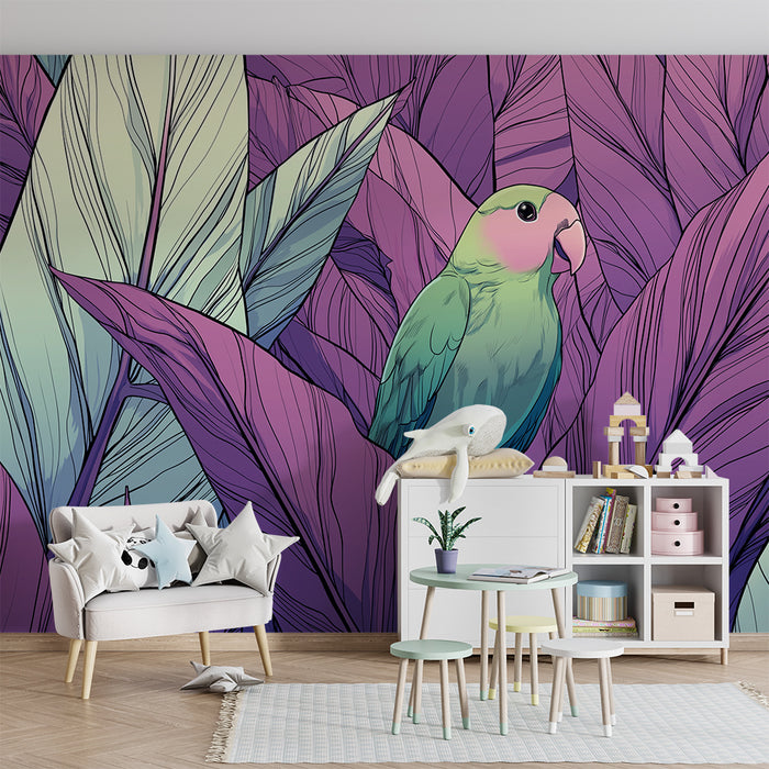Papel de parede criança | Pasăre colorată printre frunze tropicale