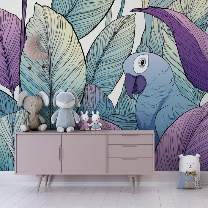 Papier peint chambre enfant | Oiseau coloré parmi les feuilles tropicales