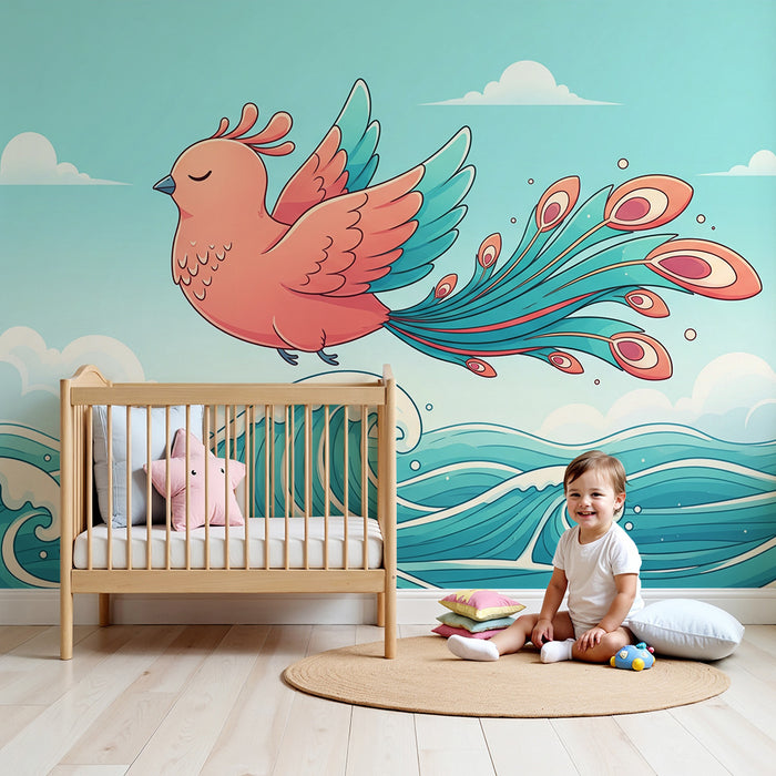 Papel pintado infantil | Pájaros de colores sobre olas del mar