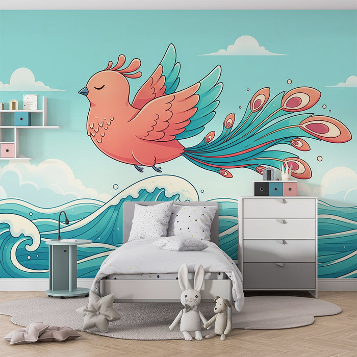 Papel pintado infantil | Pájaros de colores sobre olas del mar