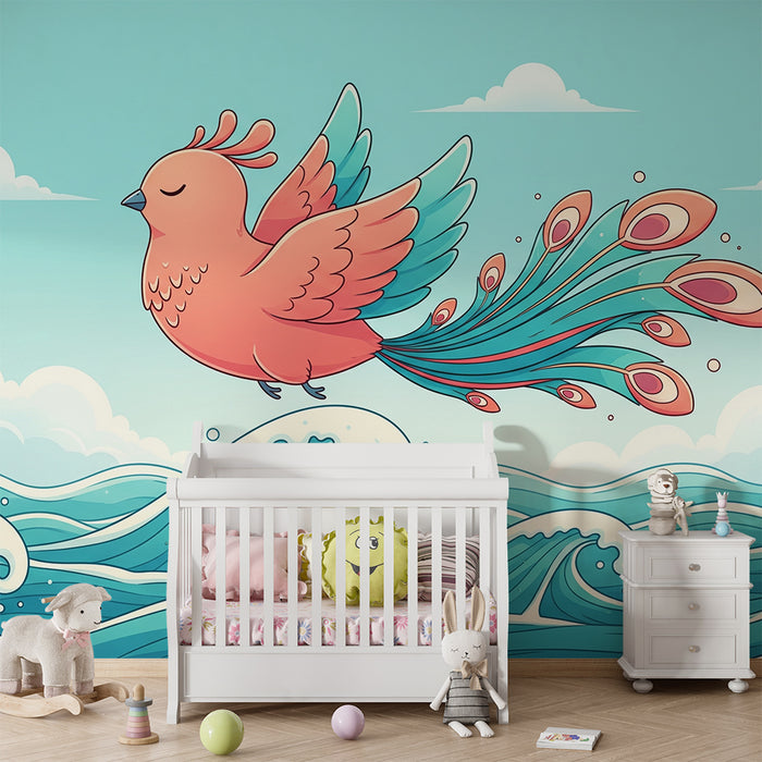 Papel pintado infantil | Pájaros de colores sobre olas del mar