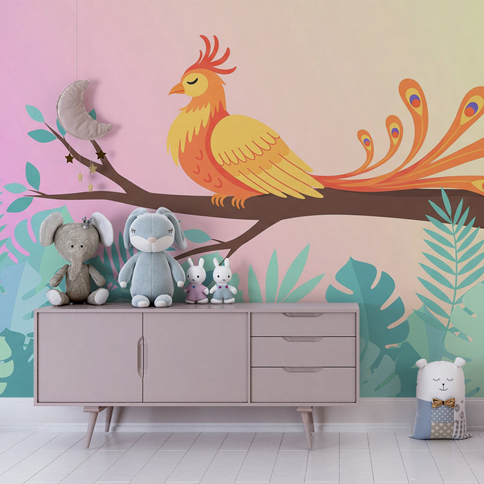 Papel de parede criança | Colorido pássaro em um galho no meio de folhagens tropicais