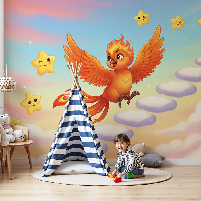 Kids room wallpaper | Oiseau de feu volant parmi les étoiles souriantes