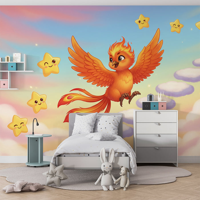 Kids room wallpaper | Oiseau de feu volant parmi les étoiles souriantes
