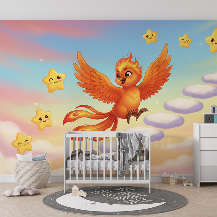 Kids room wallpaper | Oiseau de feu volant parmi les étoiles souriantes
