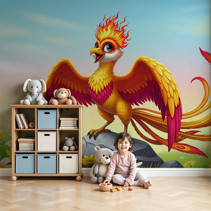 Kinderkamer behang | Fantastische vogel met vlammende veren in een veld van bloemen