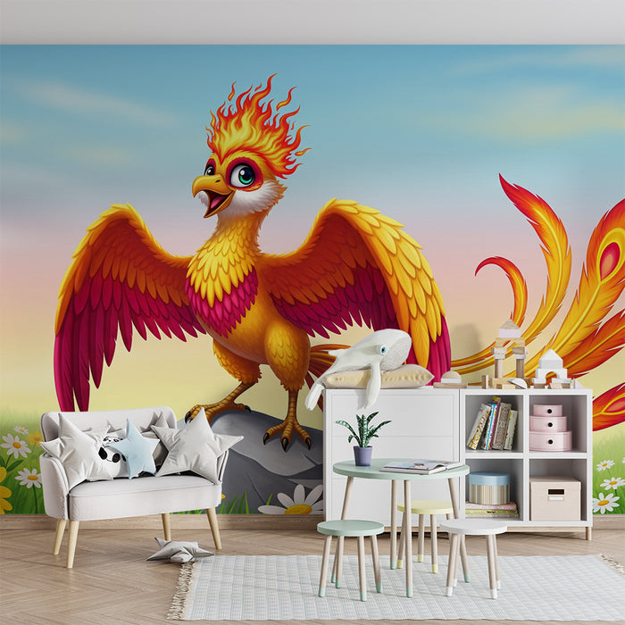 Kinderkamer behang | Fantastische vogel met vlammende veren in een veld van bloemen