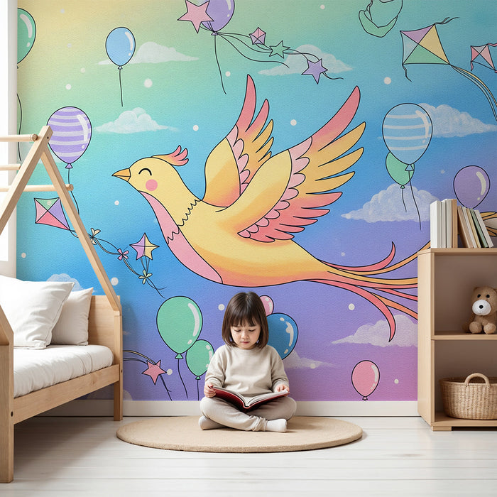 Kids room wallpaper | Happy bird and colorful balloons in a pastel sky