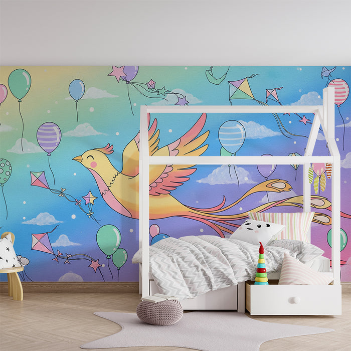Kids room wallpaper | Happy bird and colorful balloons in a pastel sky