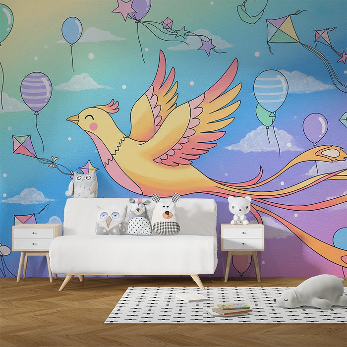 Kids room wallpaper | Happy bird and colorful balloons in a pastel sky