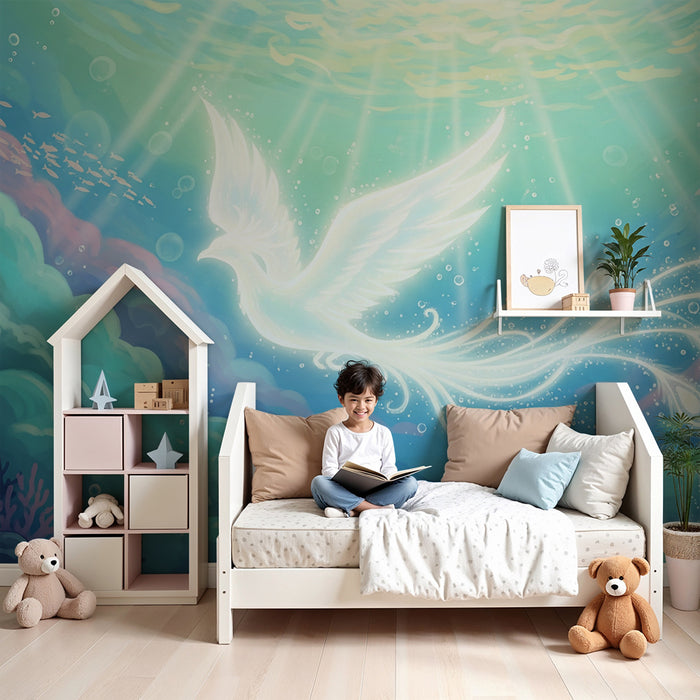 Kids room wallpaper | Bright underwater bird in a magical aquatic world