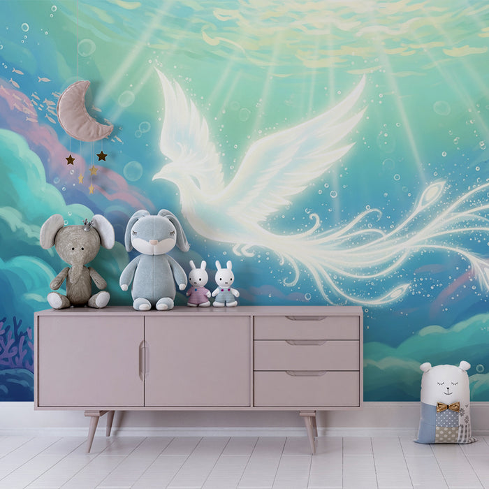 Kids room wallpaper | Bright underwater bird in a magical aquatic world