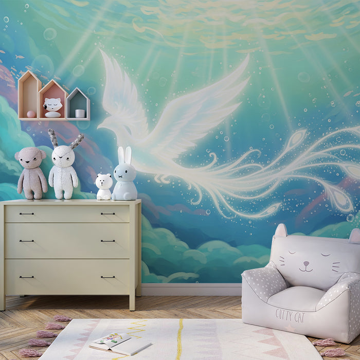 Kids room wallpaper | Bright underwater bird in a magical aquatic world