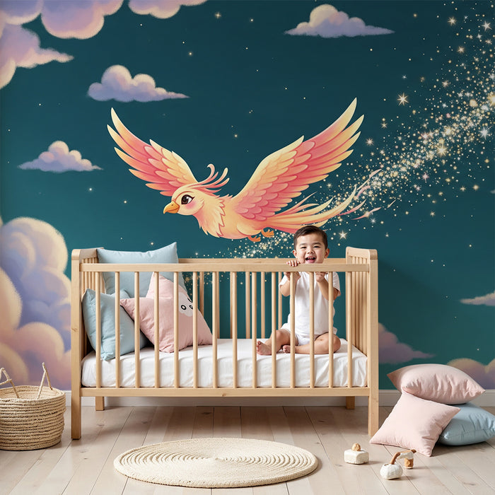 Kids room wallpaper | Čarobna ptica leti skozi zvezdno oblake