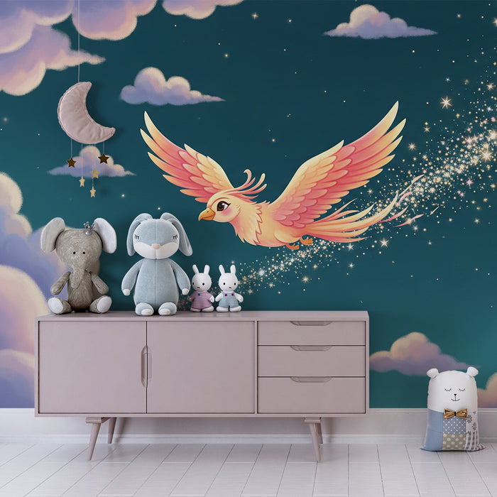 Kids room wallpaper | Čarobna ptica leti skozi zvezdno oblake