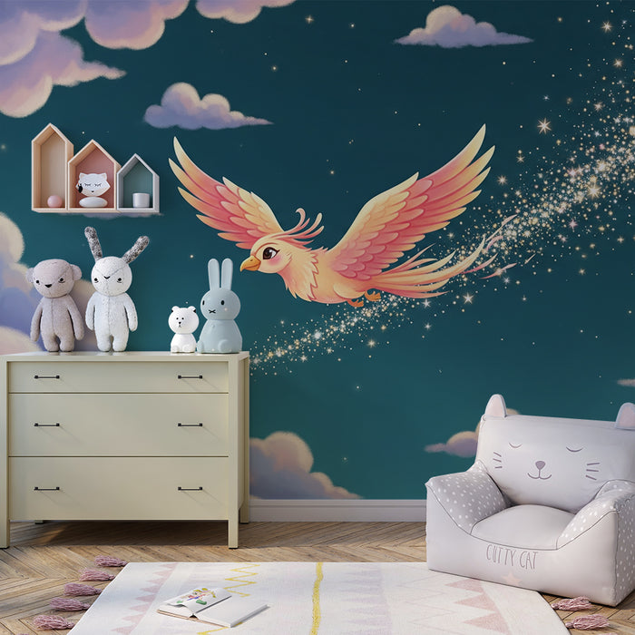 Kids room wallpaper | Čarobna ptica leti skozi zvezdno oblake