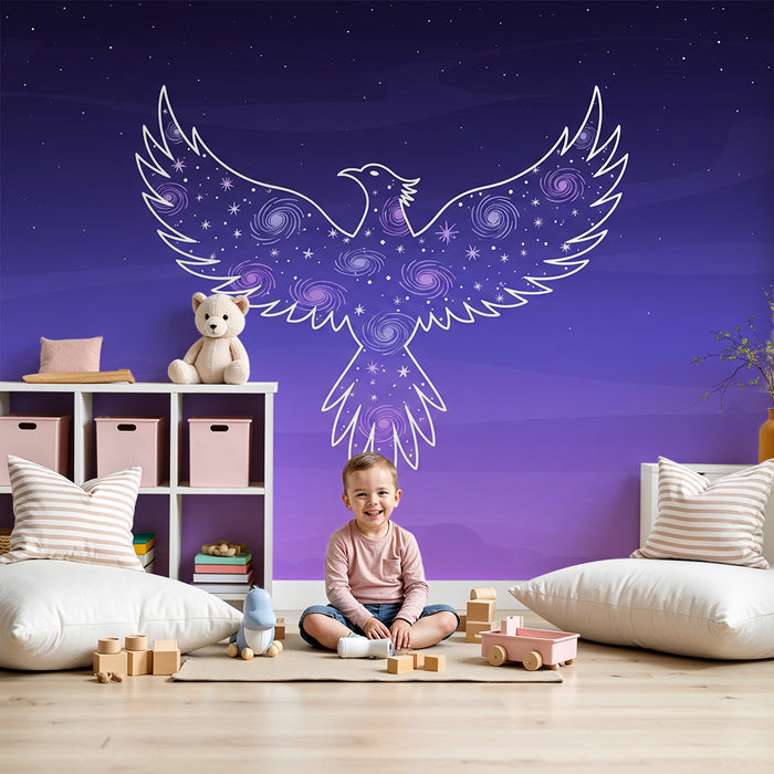 Kinderzimmer Tapete | Majestätischer Vogel in einem violetten Sternenhimmel