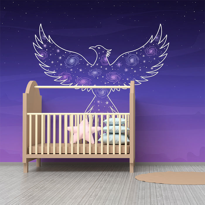 Kinderzimmer Tapete | Majestätischer Vogel in einem violetten Sternenhimmel