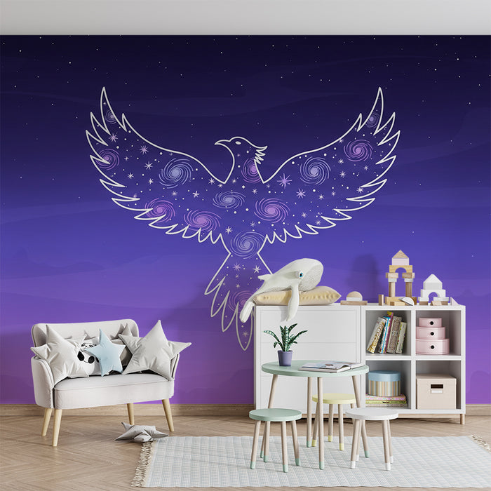 Kinderzimmer Tapete | Majestätischer Vogel in einem violetten Sternenhimmel