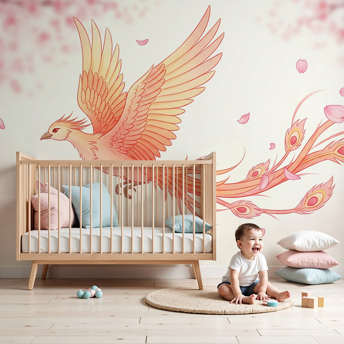 Kids room wallpaper | Mythical bird with colorful feathers in a floral landscape