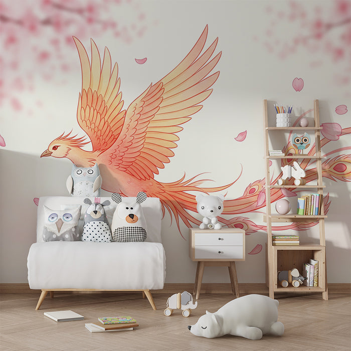 Kids room wallpaper | Mythical bird with colorful feathers in a floral landscape