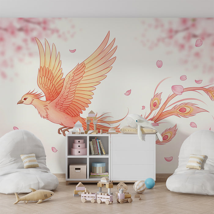 Kids room wallpaper | Mythical bird with colorful feathers in a floral landscape
