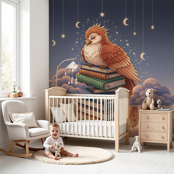 Kids room wallpaper | Unistav lind ujuvate raamatute kohal pilvedes