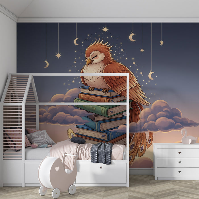 Kids room wallpaper | Unistav lind ujuvate raamatute kohal pilvedes