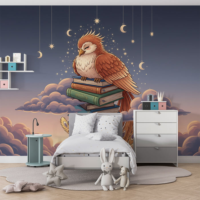 Kids room wallpaper | Unistav lind ujuvate raamatute kohal pilvedes