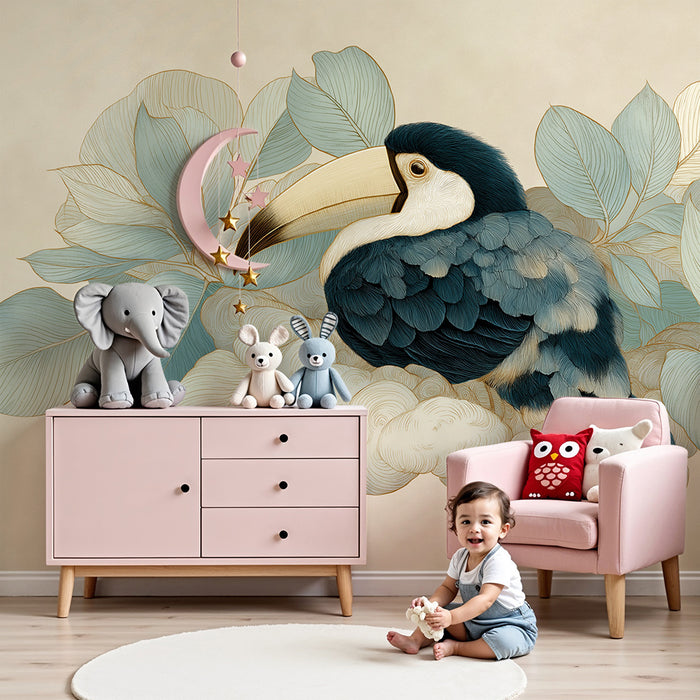 Kinderzimmer Tapete | Majestätischer tropischer Vogel umgeben von zarten Blättern
