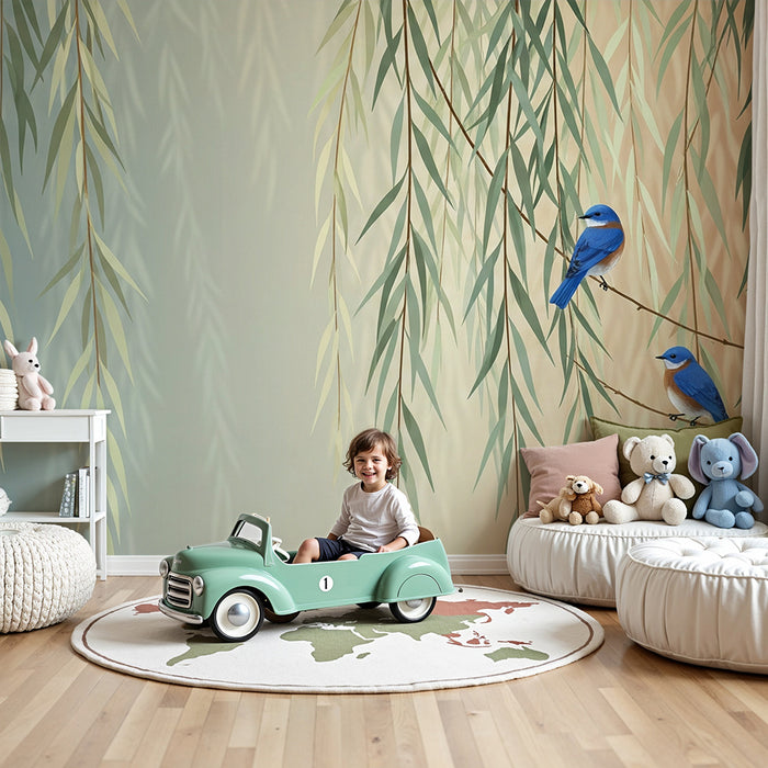 Papel pintado infantil | Pájaros azules posados entre follajes delicados