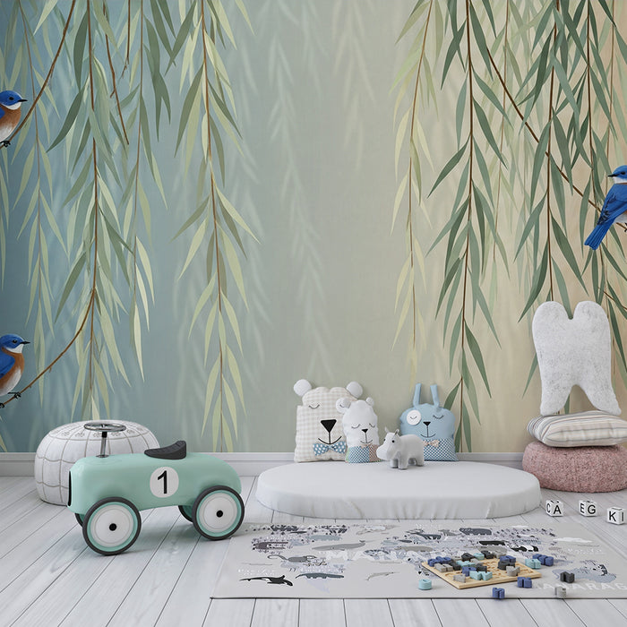 Papel pintado infantil | Pájaros azules posados entre follajes delicados