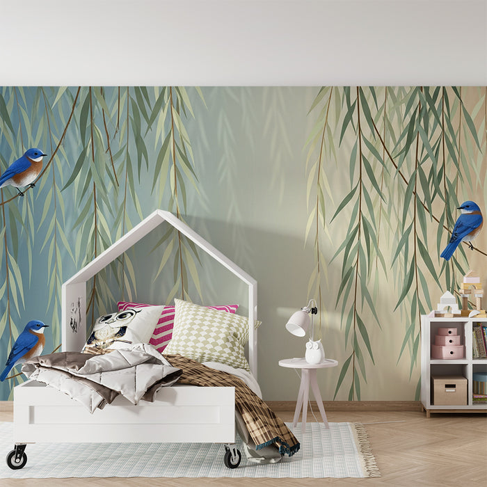 Papel pintado infantil | Pájaros azules posados entre follajes delicados
