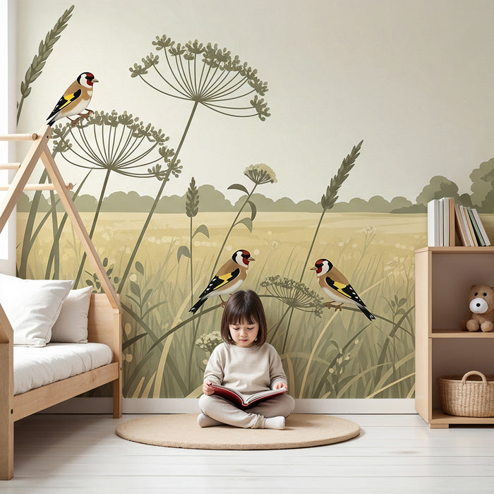 Papel pintado infantil | Pájaros cantando en un campo dorado