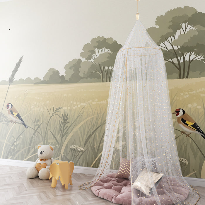 Papel pintado infantil | Pájaros cantando en un campo dorado