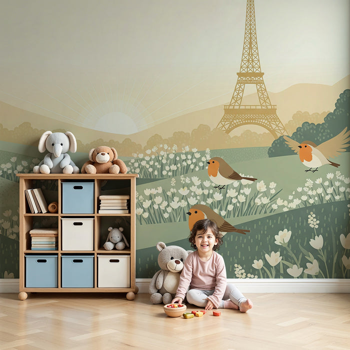 Papel pintado habitación infantil | Pájaros cantores y paisaje parisino al amanecer