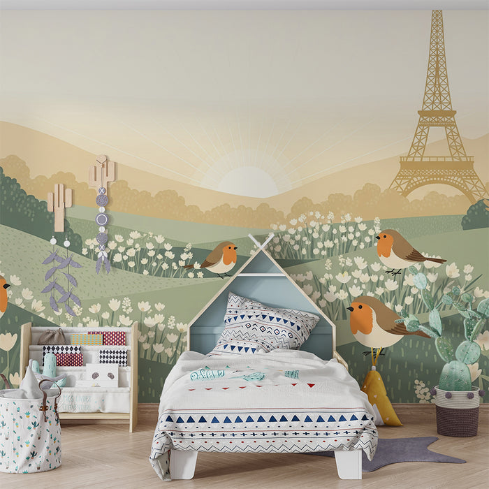 Papel pintado habitación infantil | Pájaros cantores y paisaje parisino al amanecer