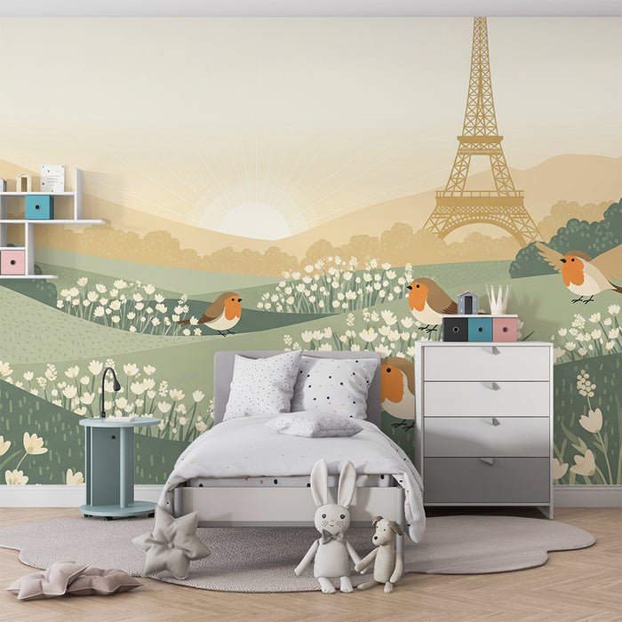 Papel pintado habitación infantil | Pájaros cantores y paisaje parisino al amanecer