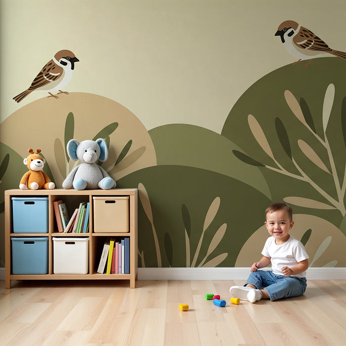 Papel pintado para habitación infantil | Pájaros cantores sobre un fondo de colinas verdes