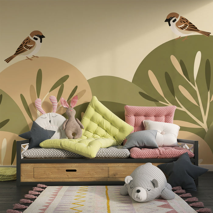 Papel pintado para habitación infantil | Pájaros cantores sobre un fondo de colinas verdes