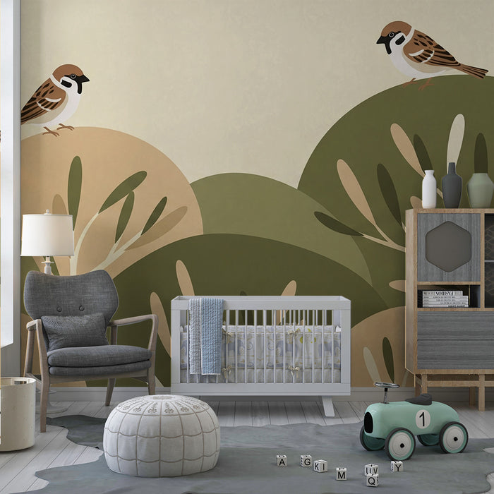 Papel pintado para habitación infantil | Pájaros cantores sobre un fondo de colinas verdes
