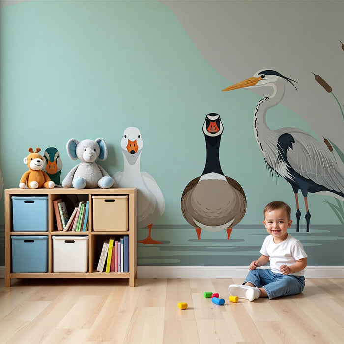 Papel pintado infantil | Aves coloridas junto al agua con patos y garza