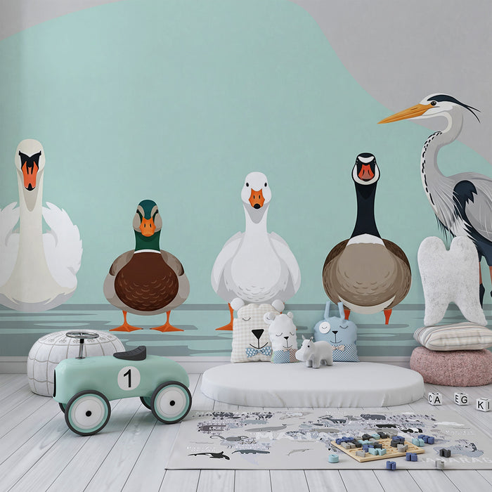 Papel pintado infantil | Aves coloridas junto al agua con patos y garza