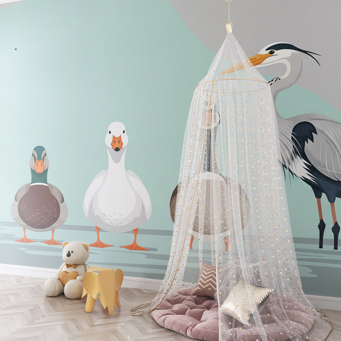 Papel pintado infantil | Aves coloridas junto al agua con patos y garza