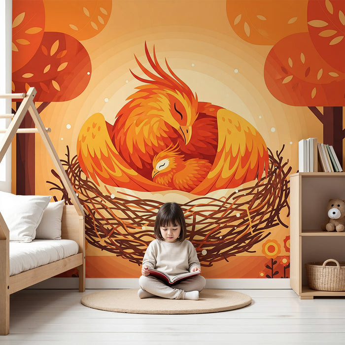 Papel pintado infantil | Pájaros coloridos en un nido cálido bajo árboles de otoño