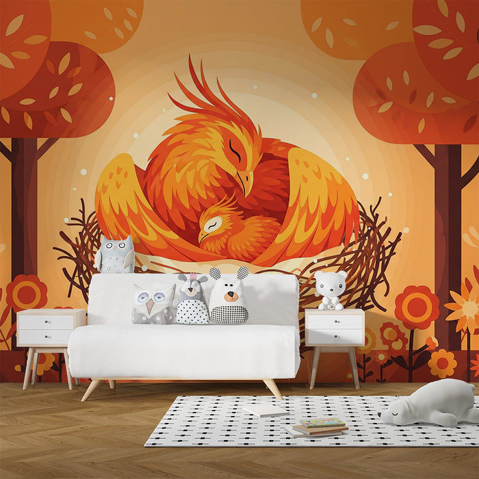 Papel pintado infantil | Pájaros coloridos en un nido cálido bajo árboles de otoño