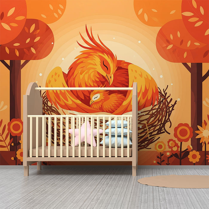 Papel pintado infantil | Pájaros coloridos en un nido cálido bajo árboles de otoño