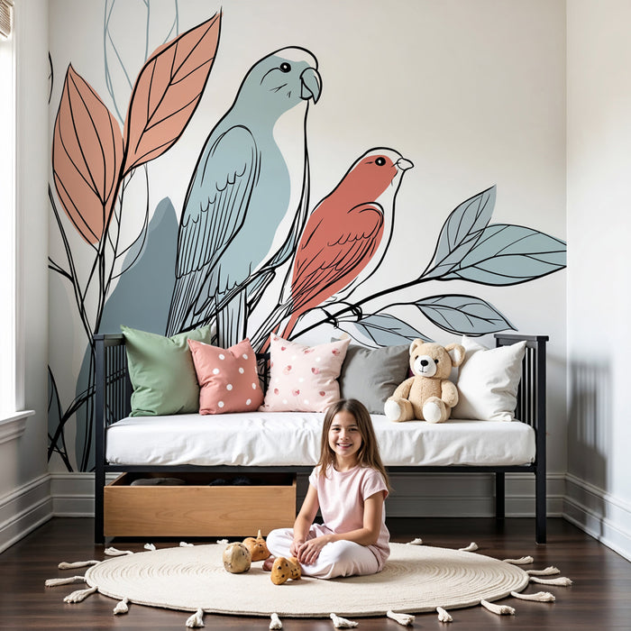 Papier peint chambre enfant | Oiseaux colorés et feuillage délicat